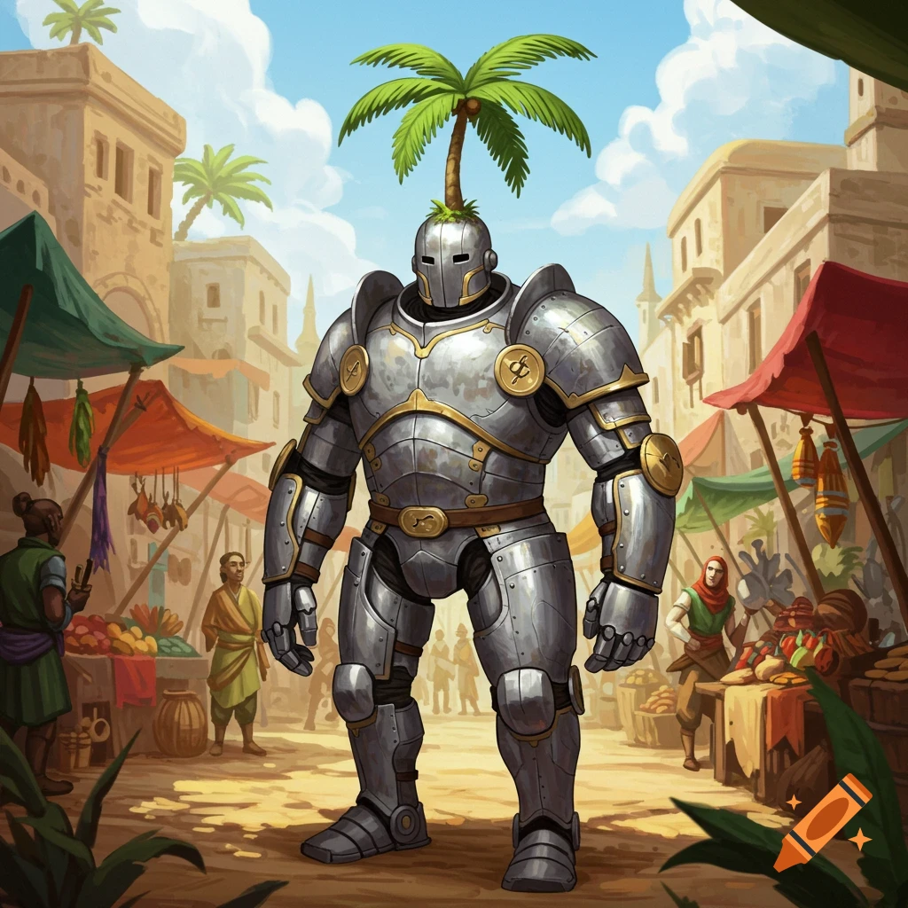 A large, heavily armored warforged robot with a palm tree growing from its head stands in a busy fantasy marketplace.