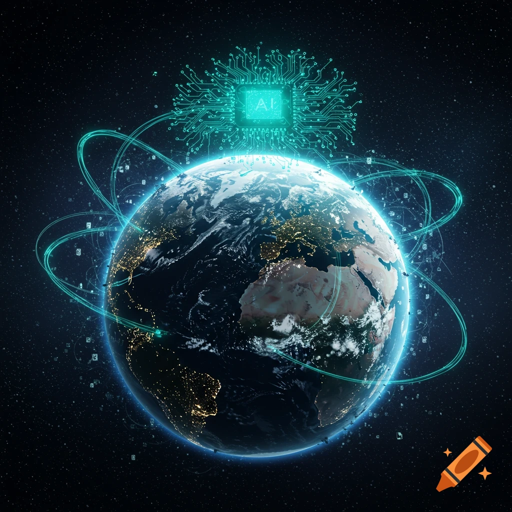 Earth in space with a glowing AI chip and interconnected circuit lines, representing global technology.