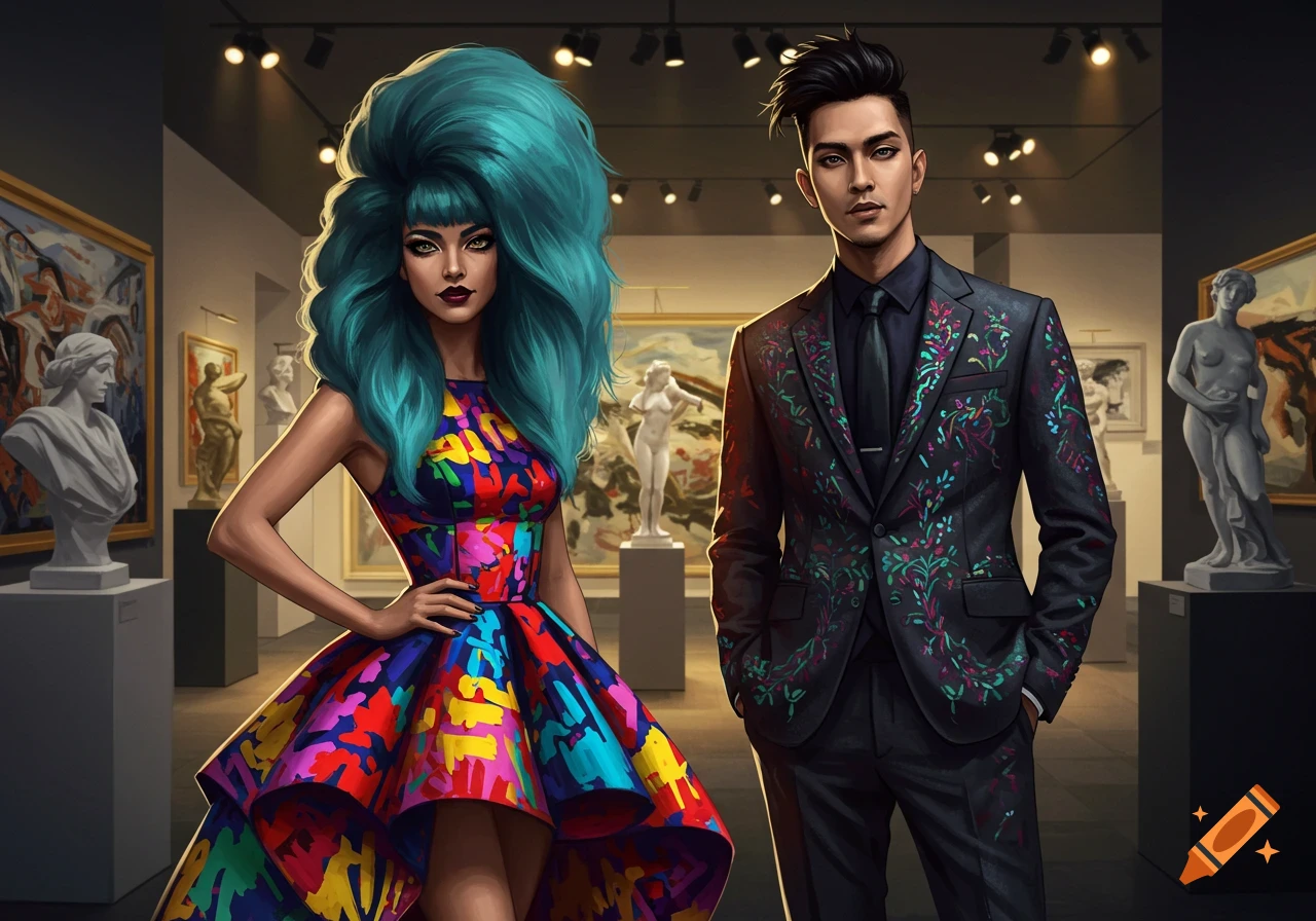 A stylized man in a dark floral suit and woman with large blue hair and a colorful dress stand in an art gallery.