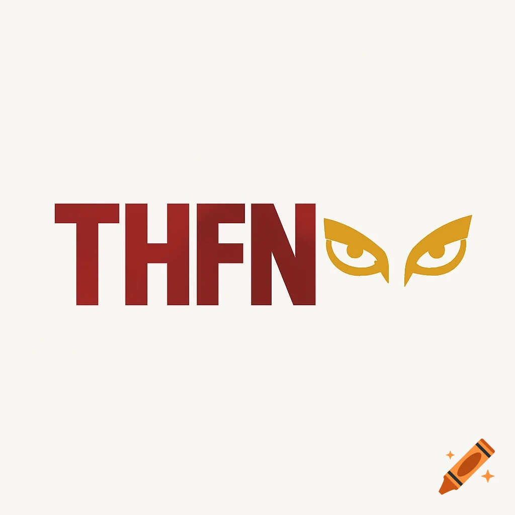 Red 'THFN' text logo with two golden, sharp eyes on a white background.