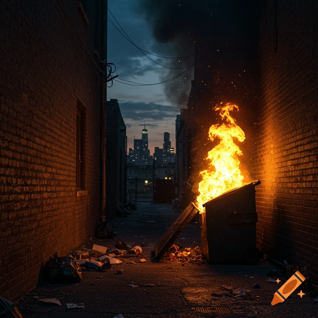 A trash dumpster ablaze with bright yellow flames in a dark urban alley at dusk, with city buildings in the background.