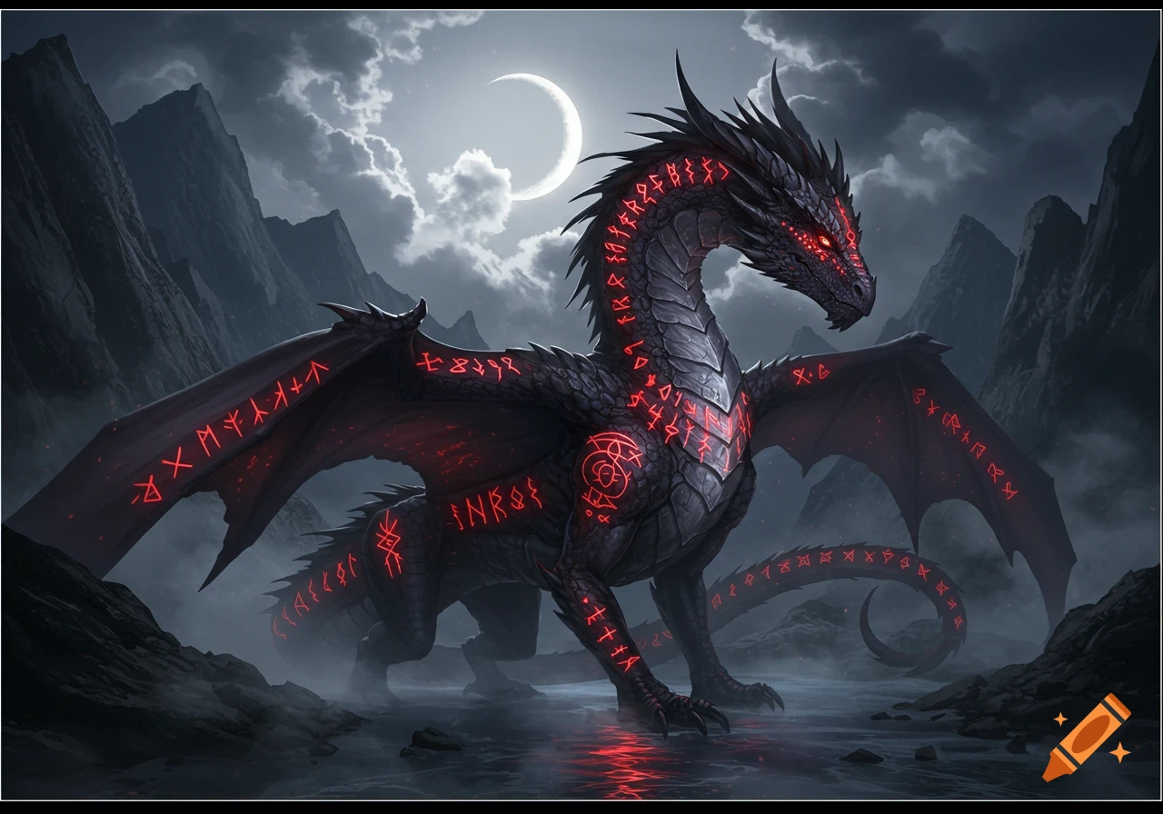 A majestic black dragon with glowing red runic symbols across its body and wings stands in a misty, moonlit mountain landscape.