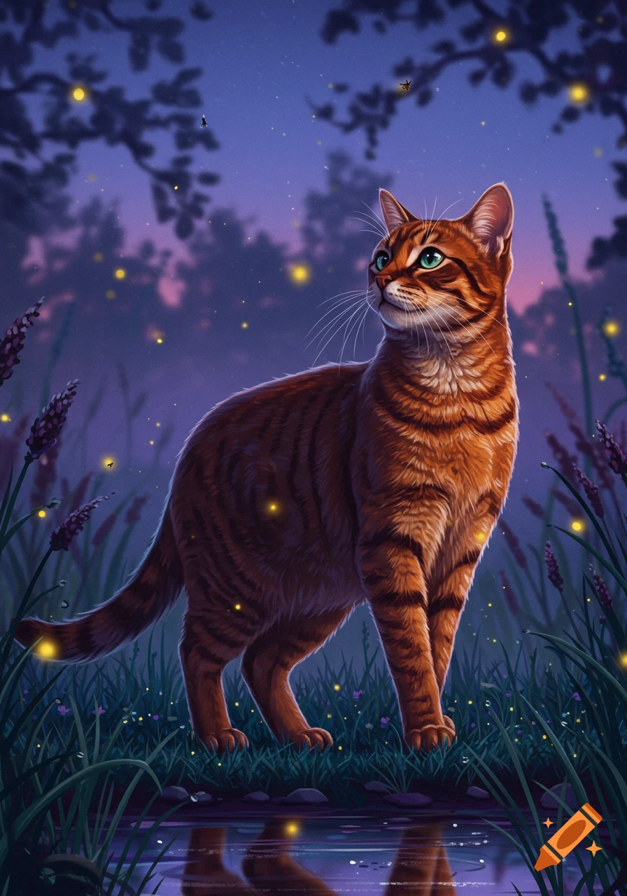 An illustrated orange tabby cat with green eyes stands in grass by a puddle at twilight, surrounded by glowing fireflies.