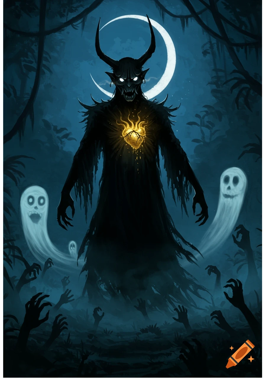 A dark horned monster with a glowing heart stands in a spooky forest with ghosts and reaching zombie hands under a crescent moon, dark fantasy illustration.