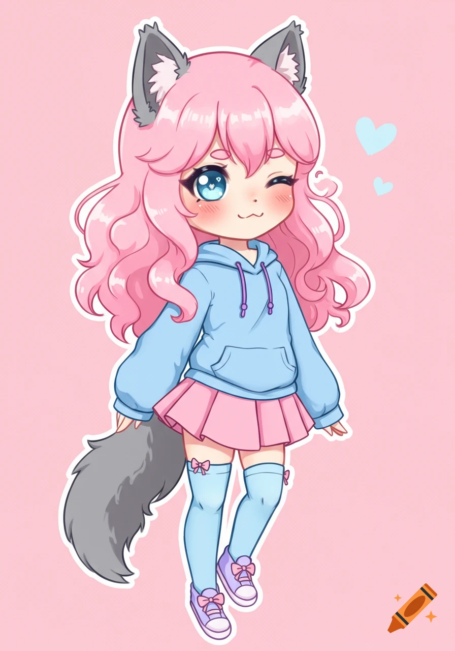 Chibi anime character with pink hair, grey wolf ears, and tail, winking. Wears a blue hoodie, pink skirt, and blue knee-high socks with pink bows.