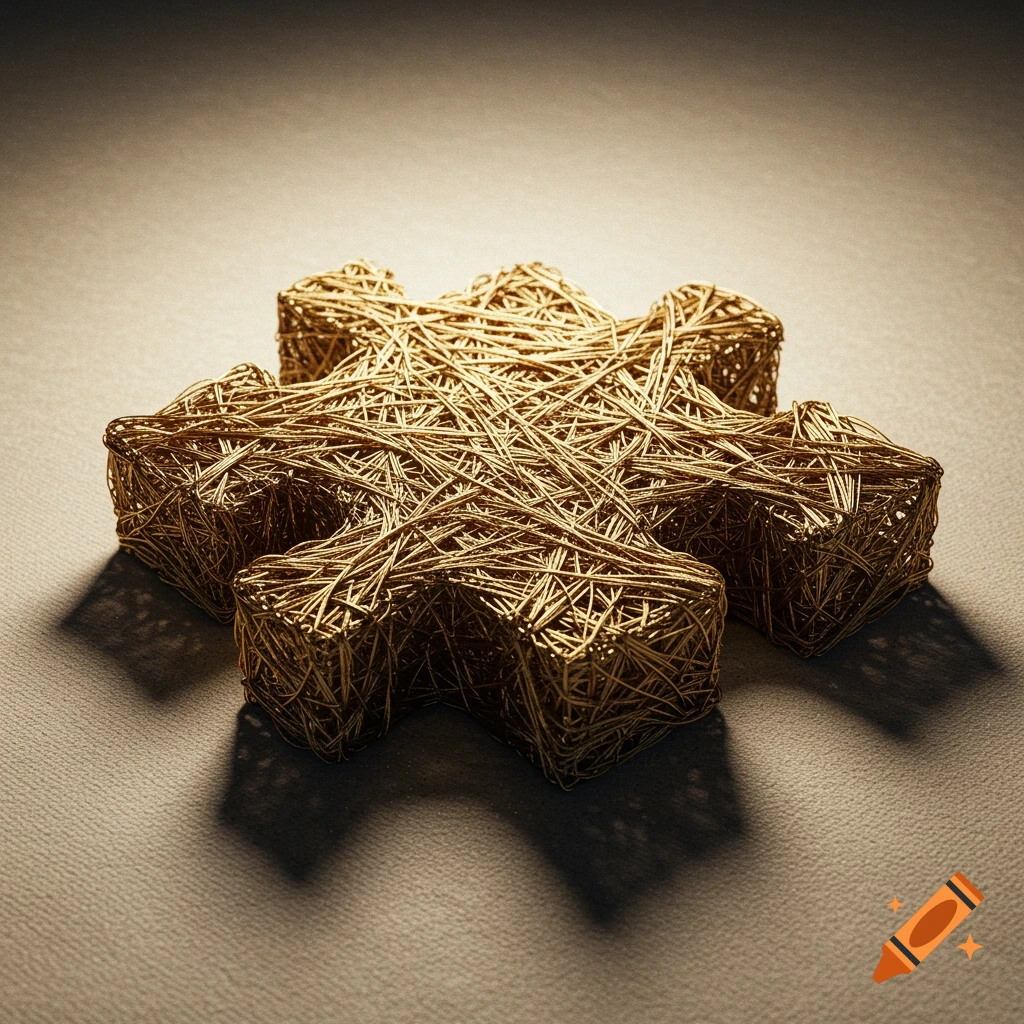 A golden, intricate puzzle piece made of tangled wires, casting shadows on a light brown surface.