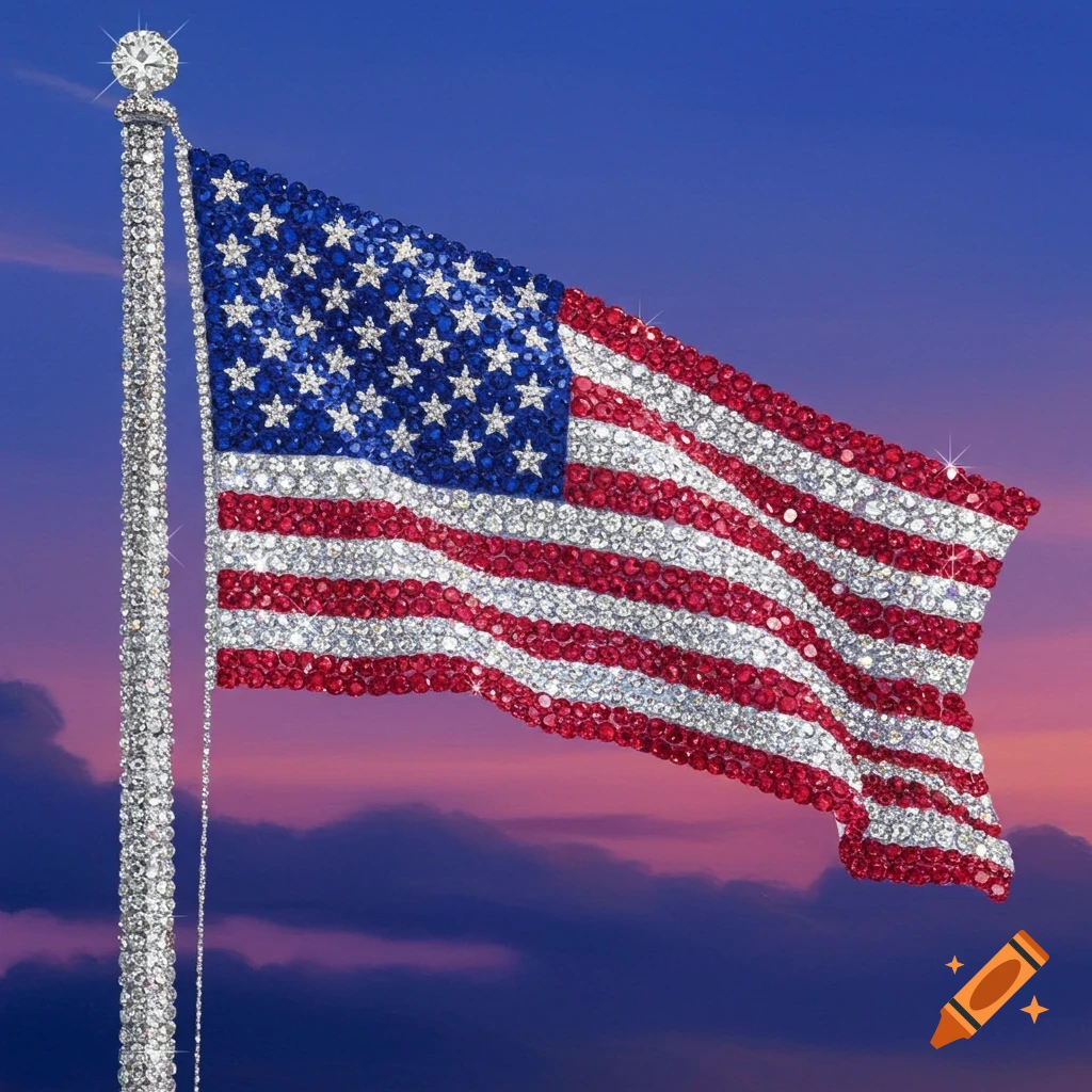 An American flag made of sparkling diamonds, waving against a colorful twilight sky.