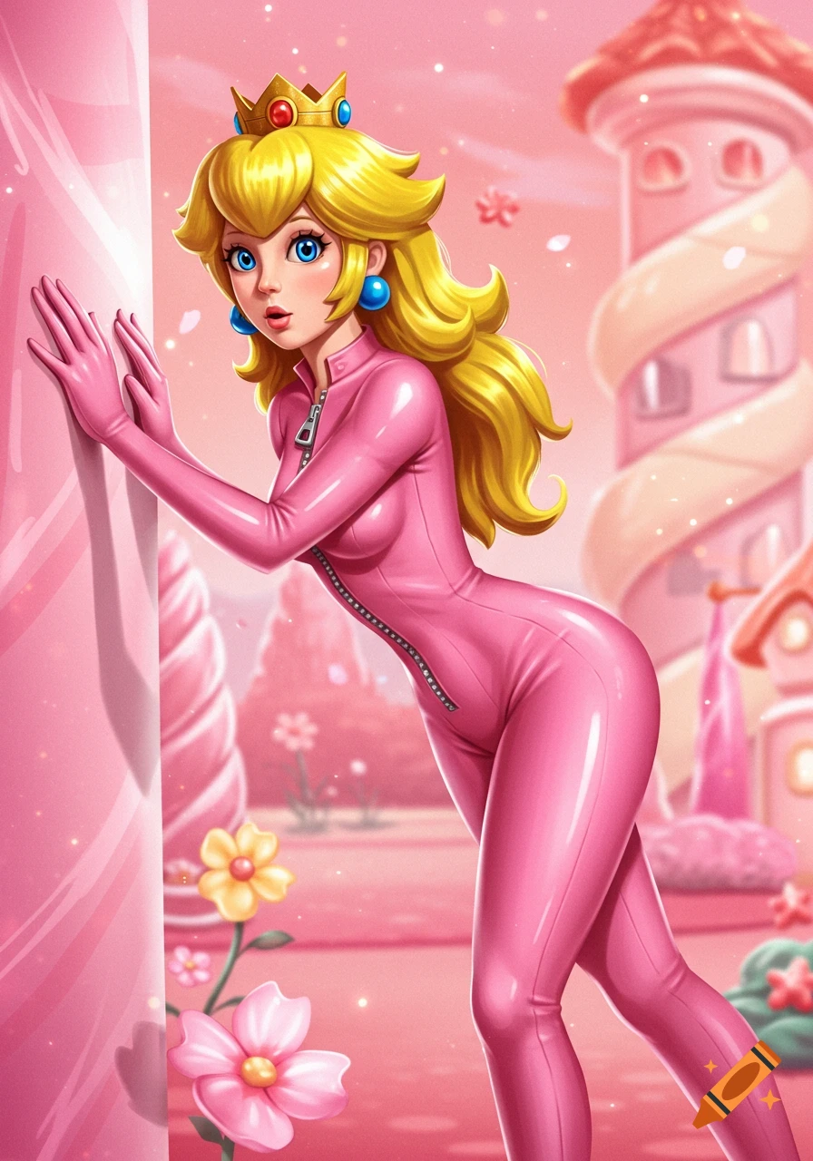 Princess Peach in a pink zipper jumpsuit leans against a pink wall in a vibrant candy-themed landscape.