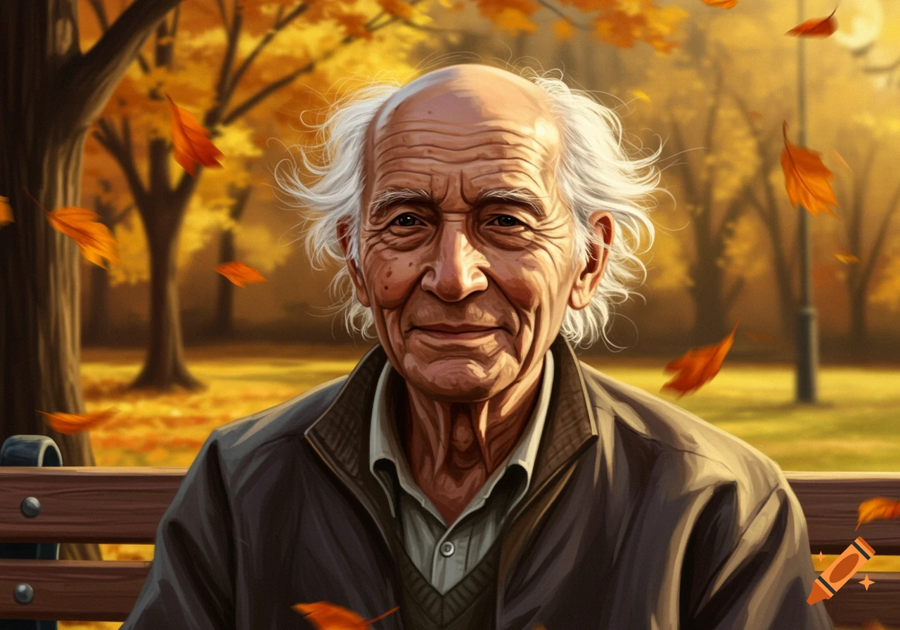 An elderly man with white hair sitting on a park bench in autumn with golden trees and falling leaves.