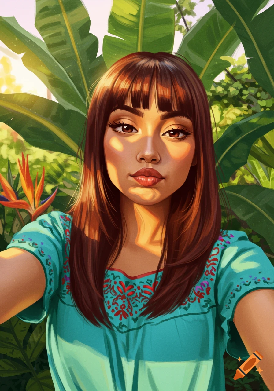 Stylized portrait of a young woman taking a selfie in a lush tropical garden with green leaves and a bird of paradise flower.