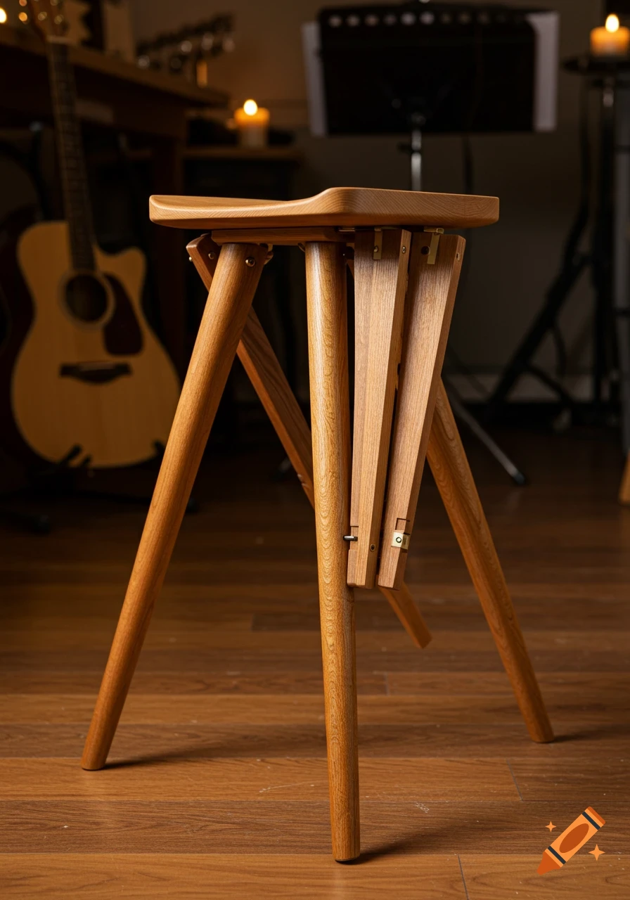 A wooden three-legged stool with a unique folding design stands on a wooden floor, with a blurred acoustic guitar and music stand in the background.