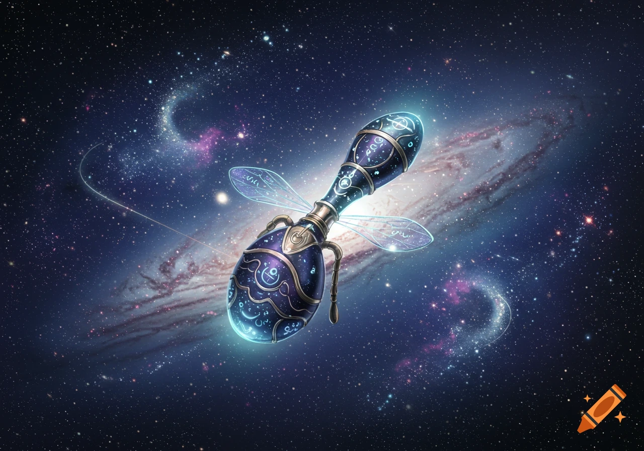 A magical, ornate, glowing blue and gold object resembling a buzzer or rattle, with translucent wings, floats in front of a colorful galaxy.
