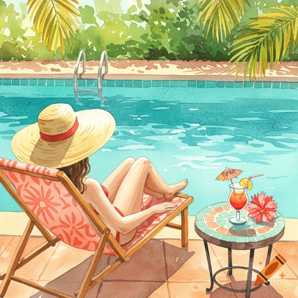 Watercolor painting of a woman in a straw hat and red swimsuit lounging by a blue swimming pool with a drink on a mosaic table.