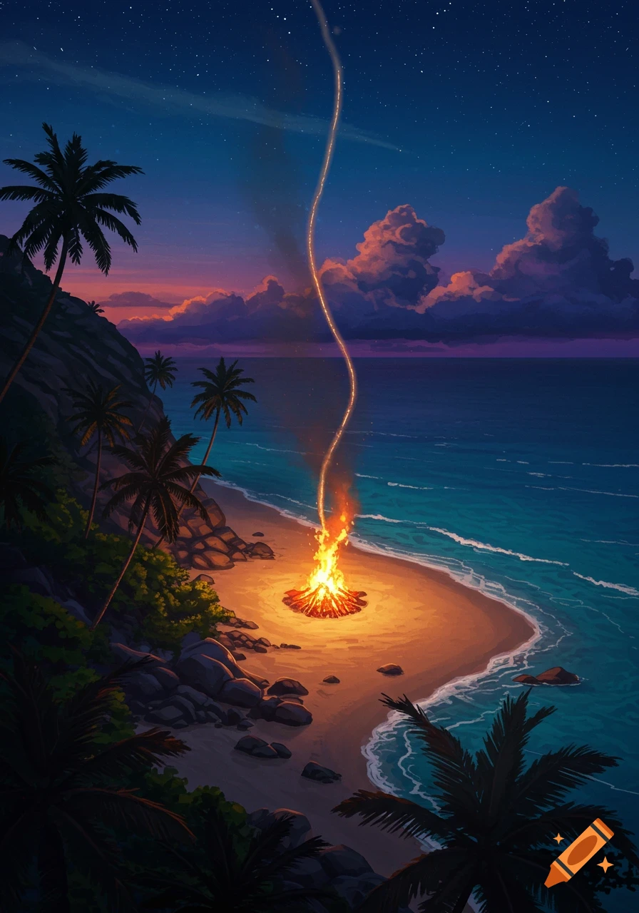 Vibrant illustration of a bonfire on a tropical beach at night, with a glowing light stream rising into a starry sky.