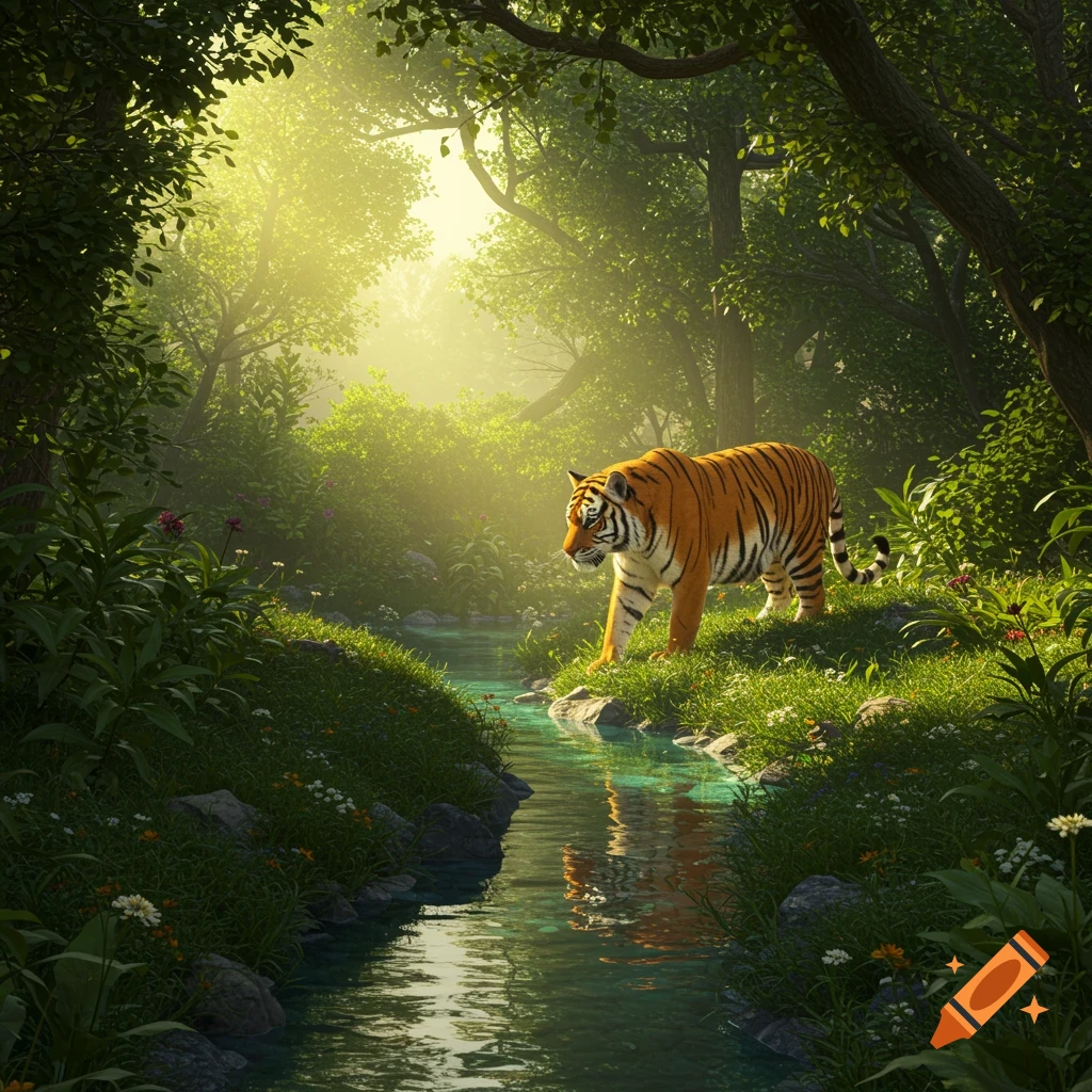 A photorealistic tiger walks along a grassy stream bank in a sun-dappled forest.