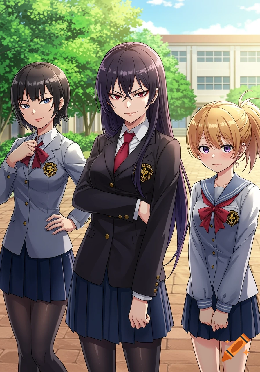 Three anime-style girls in school uniforms stand outdoors in front of a school building.