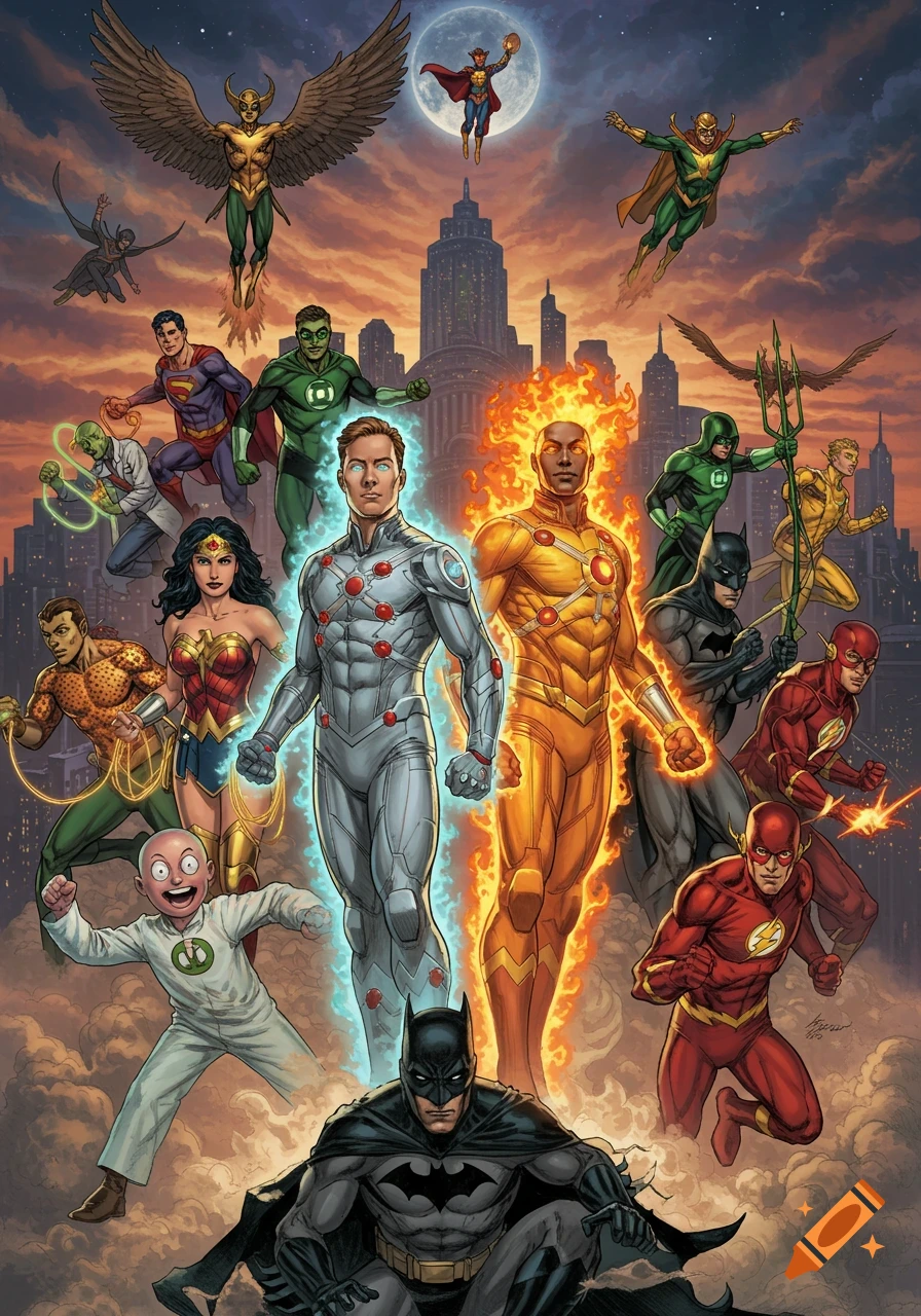 A detailed comic art illustration of numerous DC Comics superheroes including Atom, Firestorm, Superman, Batman, and Wonder Woman, against a city skyline at sunset.