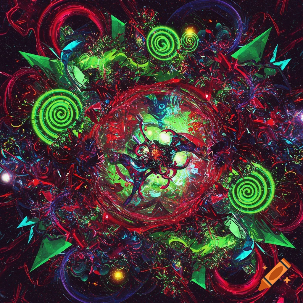 A chaotic and intricate abstract image with vibrant red, green, and blue swirling patterns, glowing elements, and sharp geometric forms.