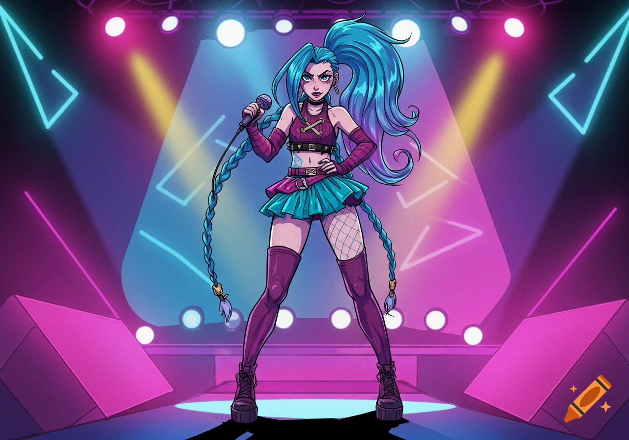 A comic book style pop singer with blue pigtails and a microphone stands on a stage lit by neon lights.