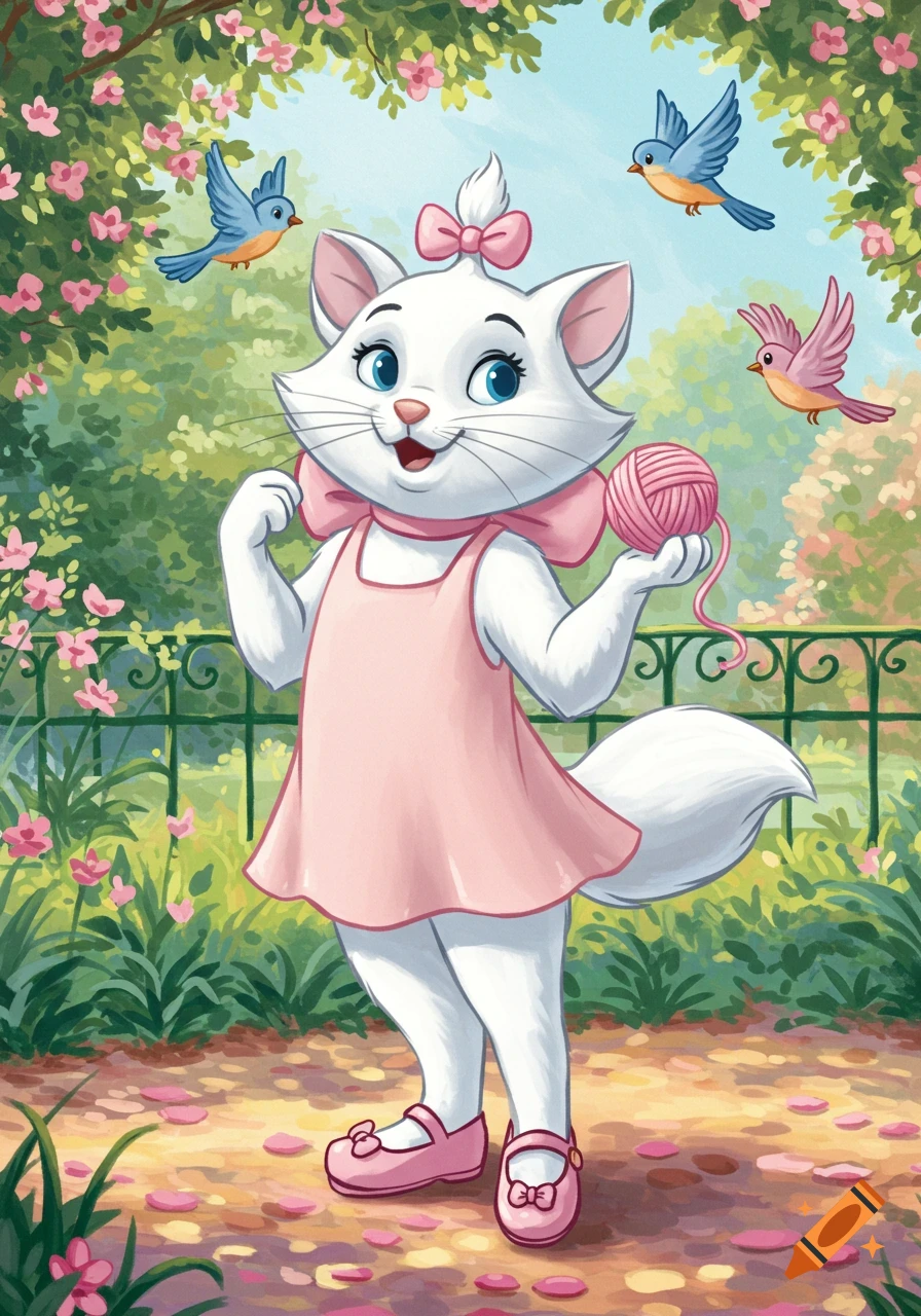 Cartoon of Marie from Aristocats, a white cat in a pink dress, holding a pink yarn ball in a flowery garden with birds.