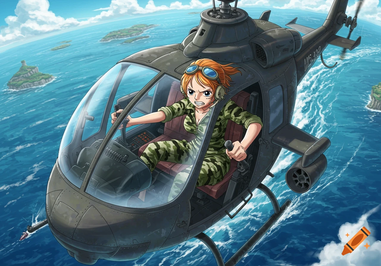An anime girl in a camouflage jumpsuit pilots a helicopter over an ocean dotted with islands.