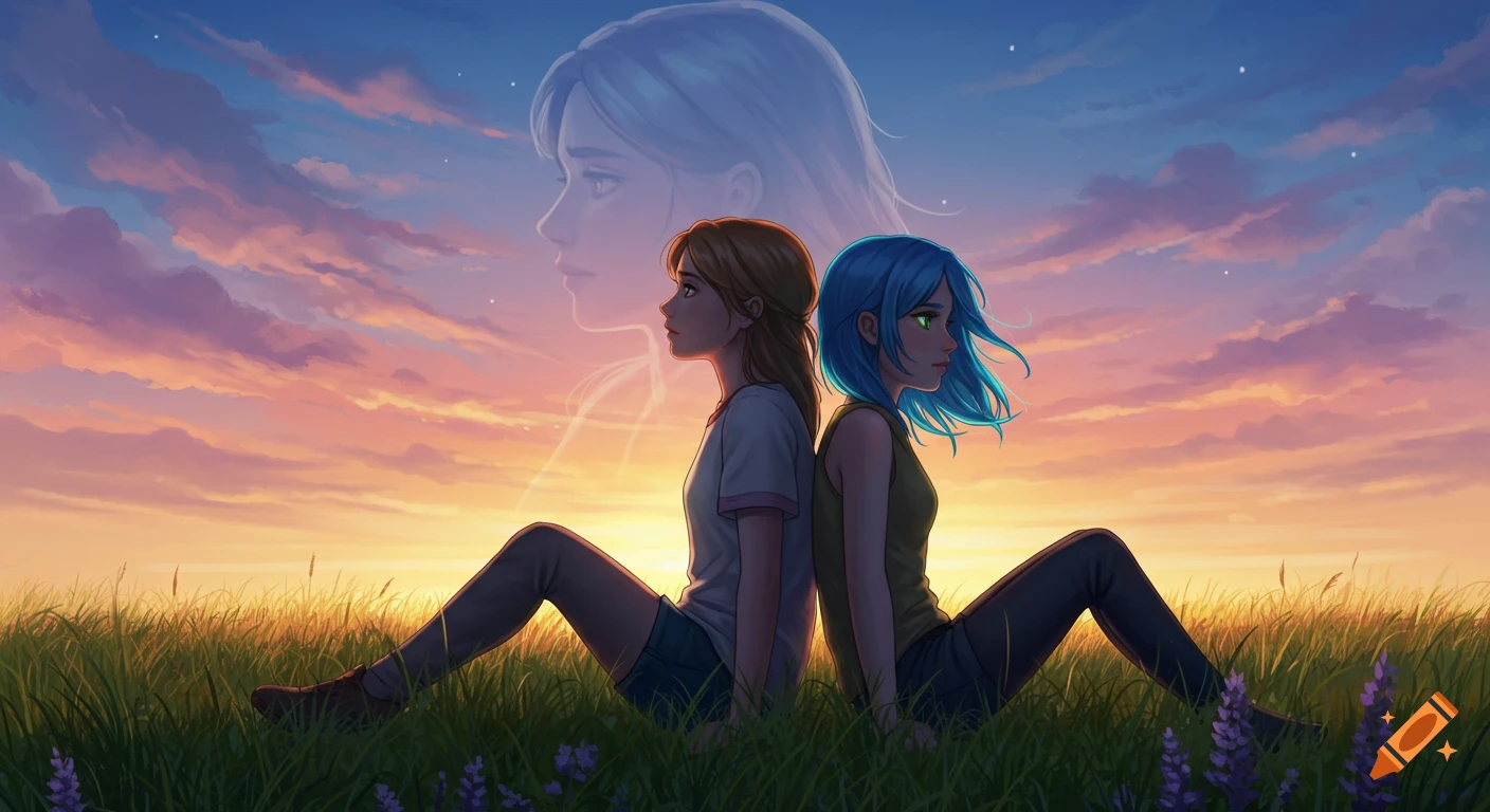 Two anime-style teenage girls sit back to back in a grassy field at sunset, with a faint ethereal face in the clouds above.