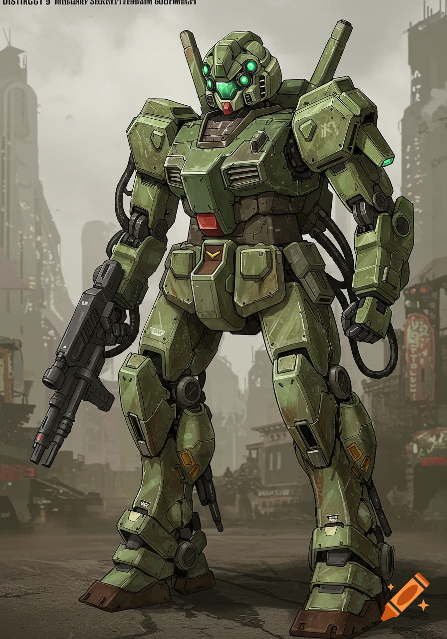 A green military-style Gundam-like mech stands in a desolate, urban environment, holding a large rifle.