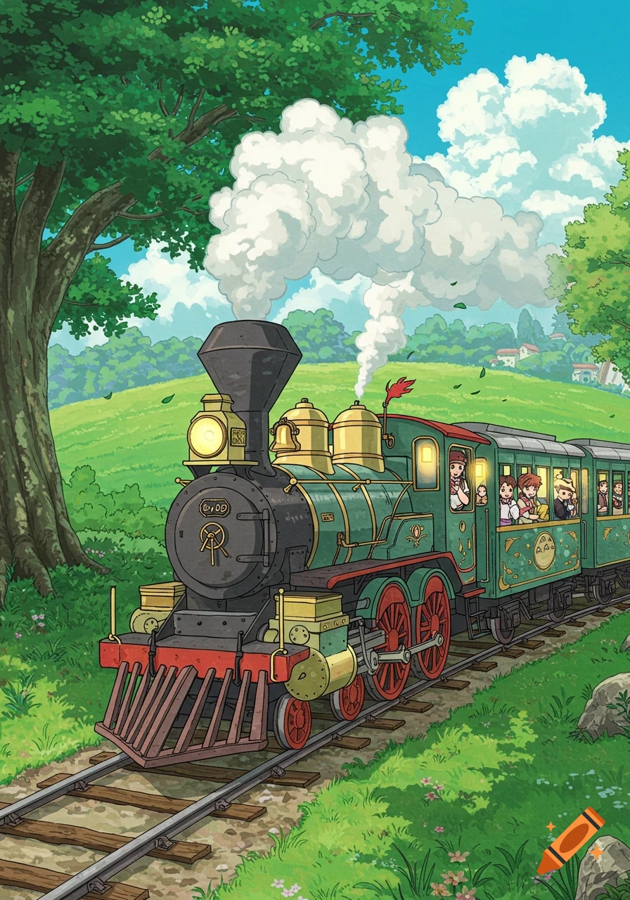 An animated train, green with gold trim, moves through a lush, green landscape under a bright blue sky. Passengers peer from the windows, and white smoke billows from the train's chimney.