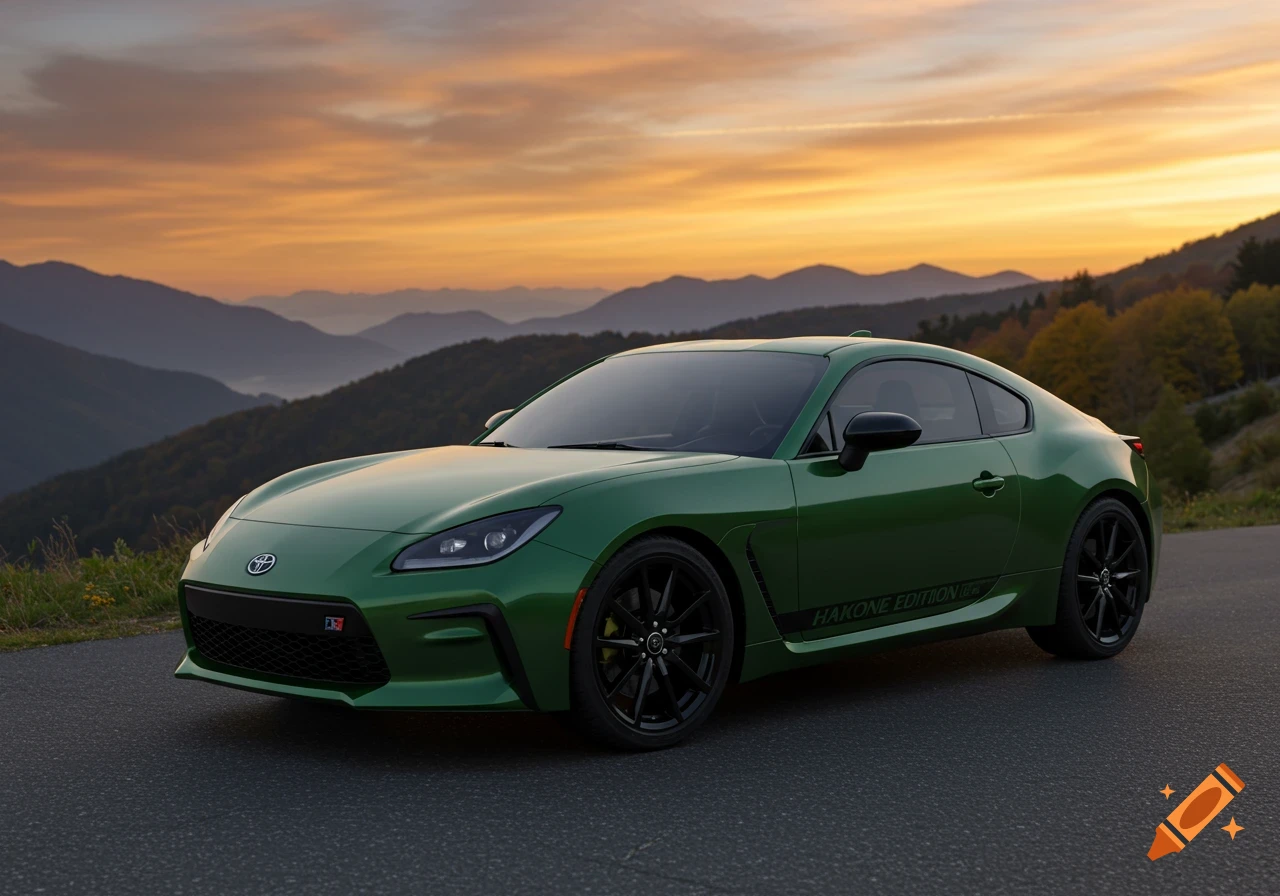 A green Toyota GR86 Hakone Edition car parked on a road with mountains and an orange sunset sky in the background.