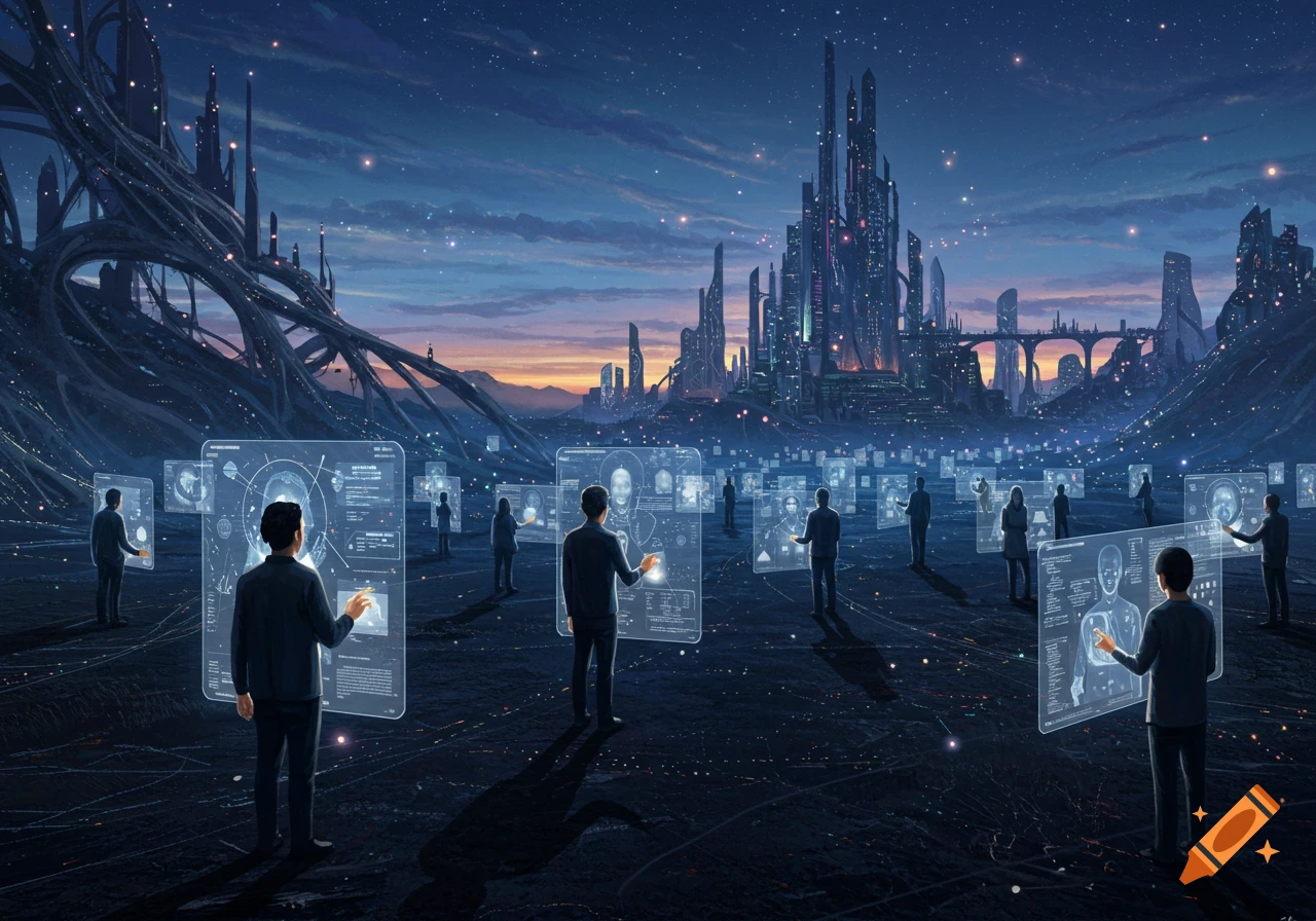 Silhouetted men interact with glowing holographic screens in a futuristic cityscape at dusk under a starry sky.