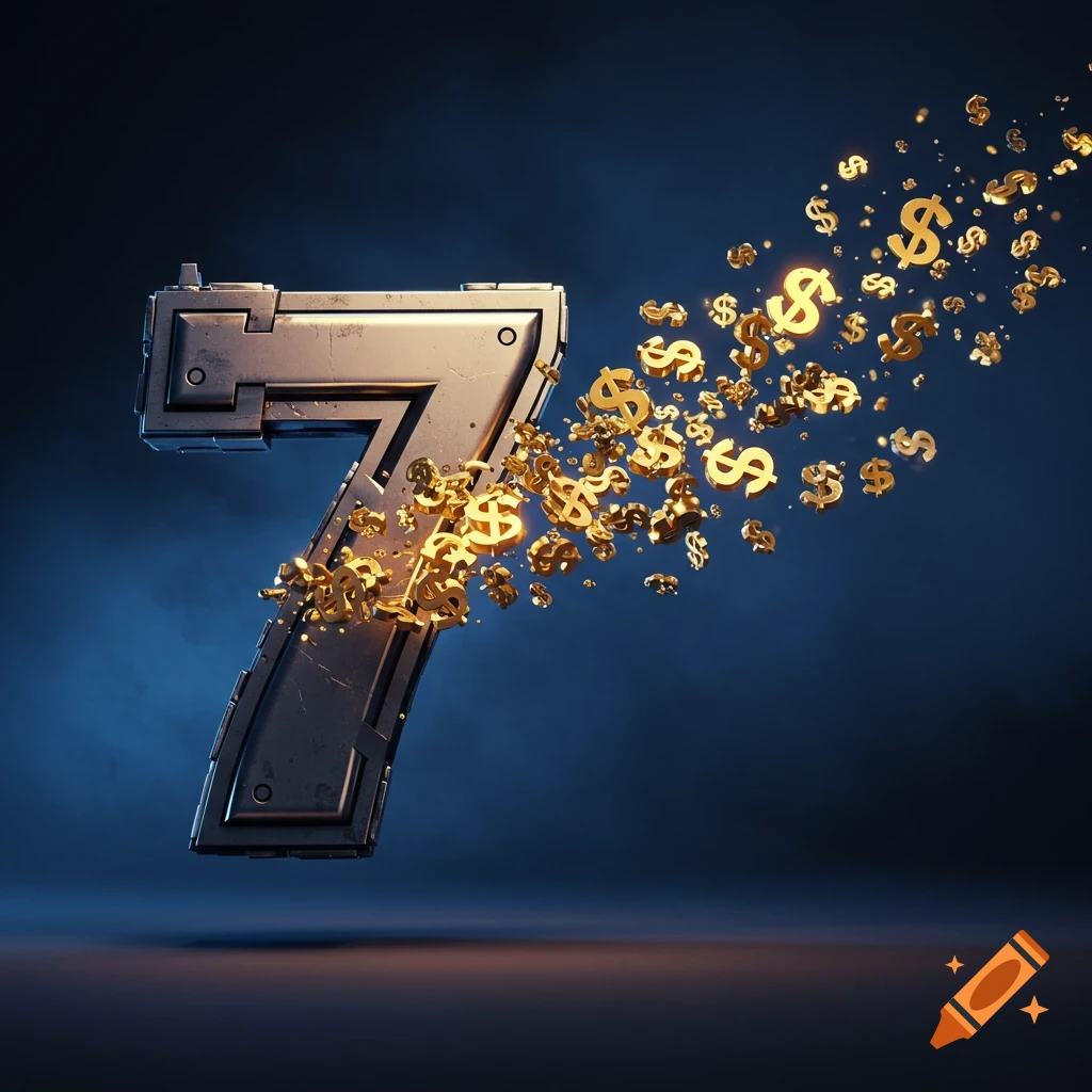 A metallic, industrial number 7 bursts with golden dollar signs on a dark blue background.