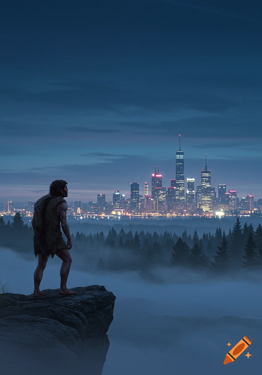 A prehistoric man stands on a cliff overlooking a modern city skyline at dusk, with misty forests below.