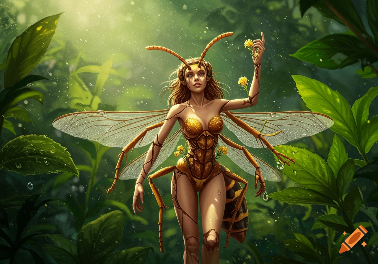 A fantasy woman with wasp features, including wings, antennae, and an insectoid body, stands in a lush green jungle.