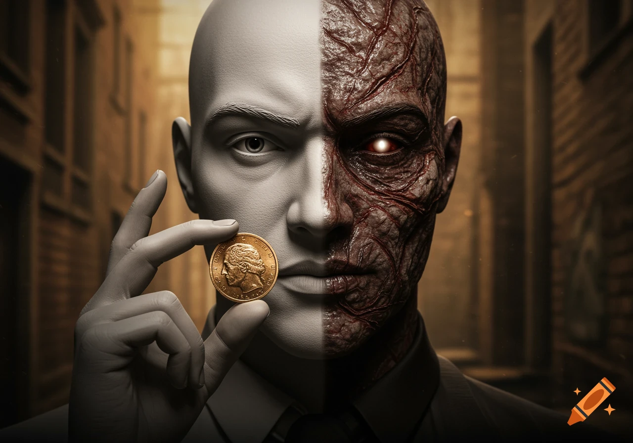A man's face is split down the middle; one half is normal and pale, the other is red, veiny, and distorted with a glowing eye. He holds a gold coin.