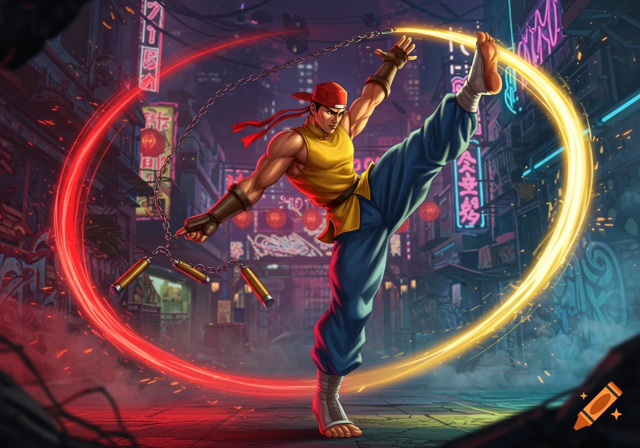 A muscular martial artist in a yellow shirt and blue pants poses mid-kick with nunchaku in a neon-lit city street.