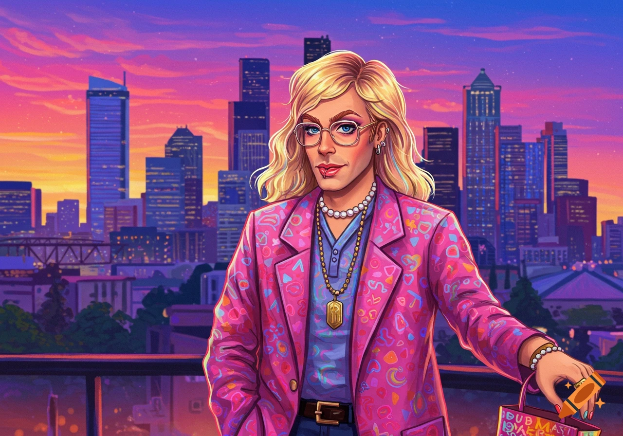 A person with blonde hair, glasses, and a vibrant pink patterned blazer stands on a rooftop overlooking a city skyline at sunset. They hold a small bag.
