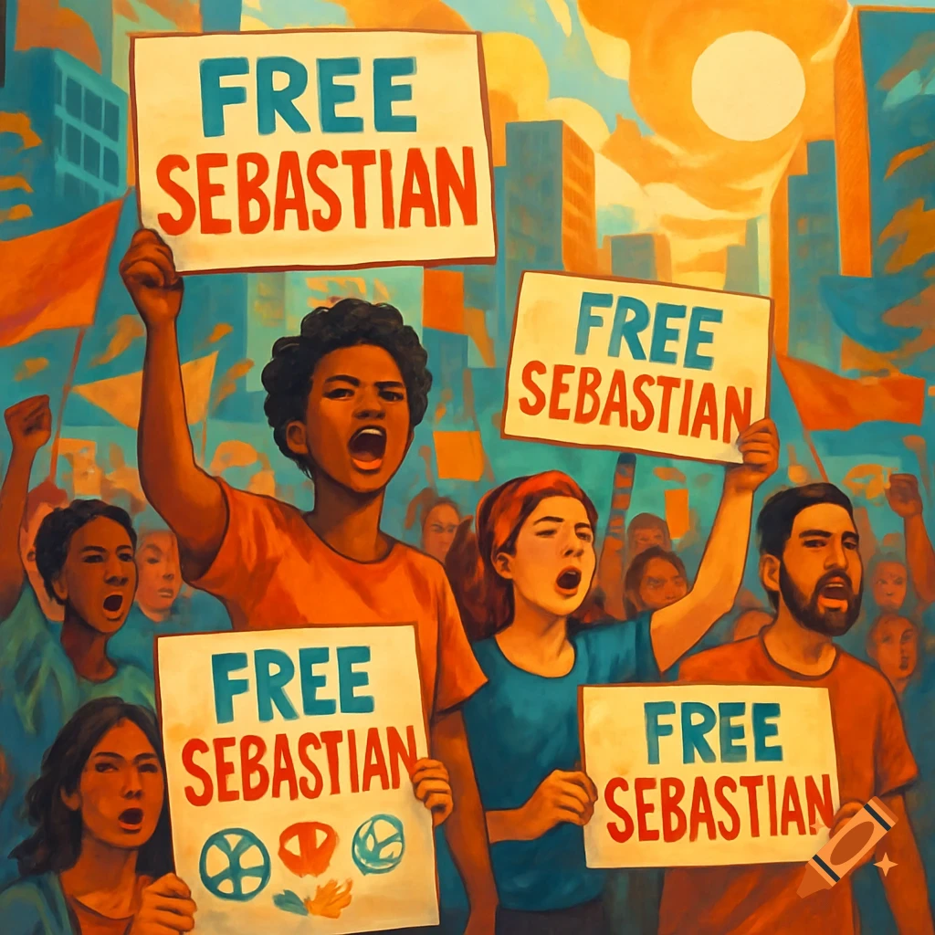 A vibrant illustration of a diverse crowd protesting, holding up signs that read "FREE SEBASTIAN" under an orange sky.
