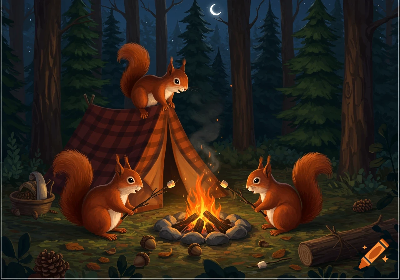 Three cartoon red squirrels camp in a dark forest at night, roasting marshmallows over a campfire next to a plaid tent, under a crescent moon.