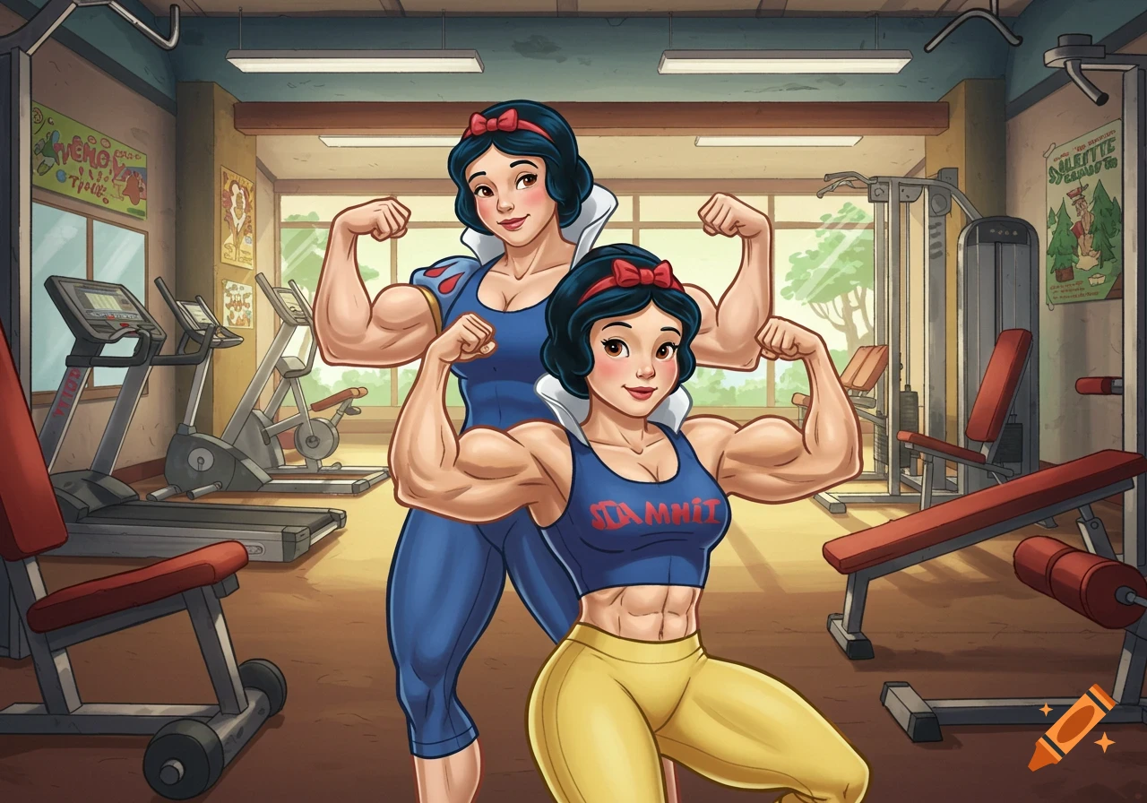 Two muscular Snow White characters flex their biceps in a cartoon gym setting.