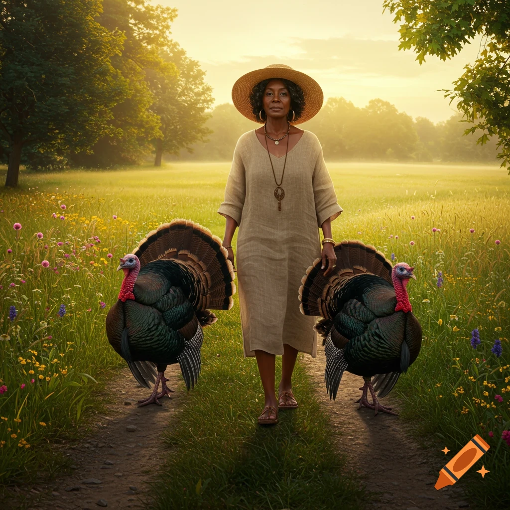 A woman in a straw hat and long dress walks on a dirt path in a sunlit field with two turkeys.