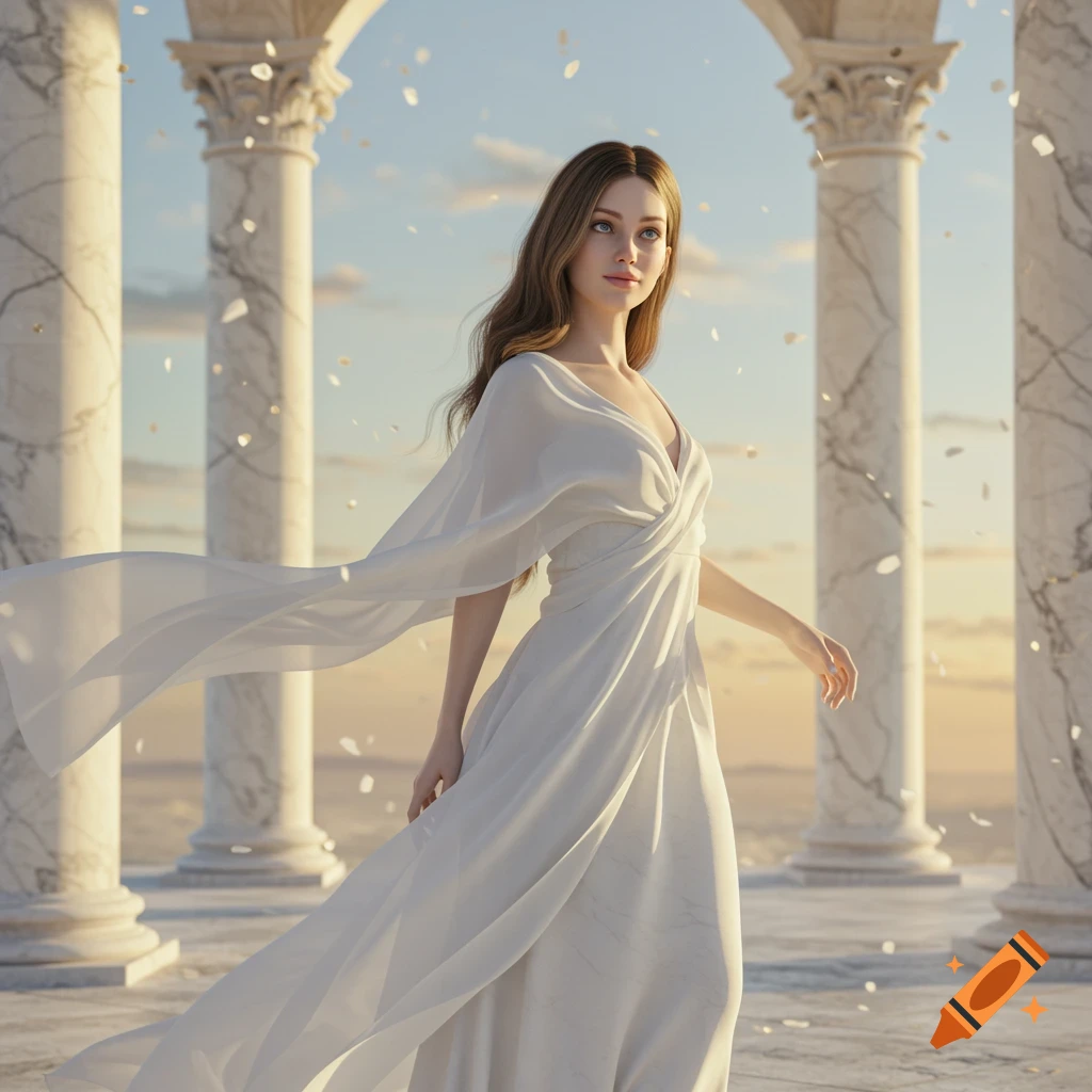 A realistic woman in a flowing white dress stands among classical marble columns with white petals falling, under a clear sky.