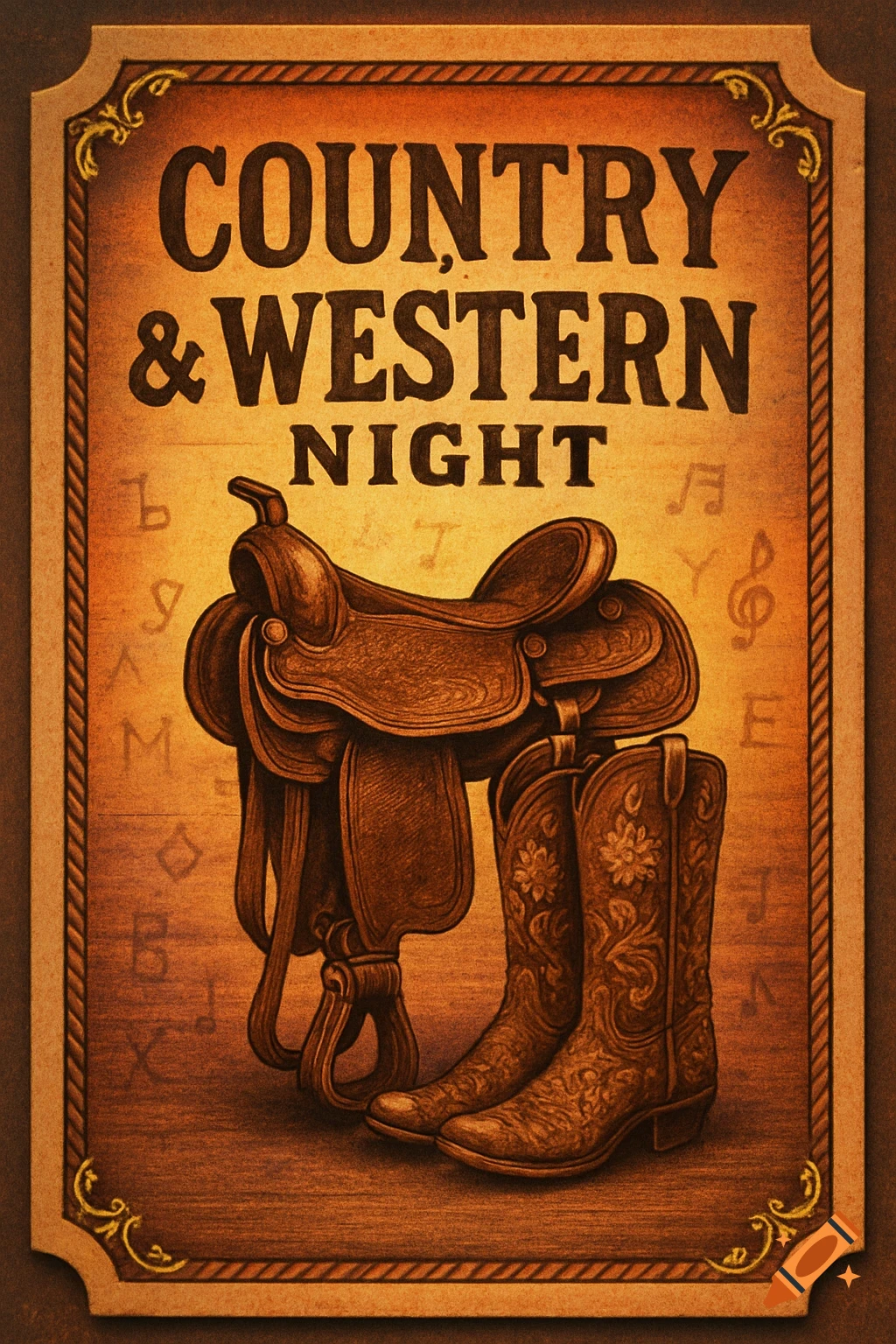 A vintage-style poster advertising "Country & Western Night" with an embossed saddle and cowboy boots.