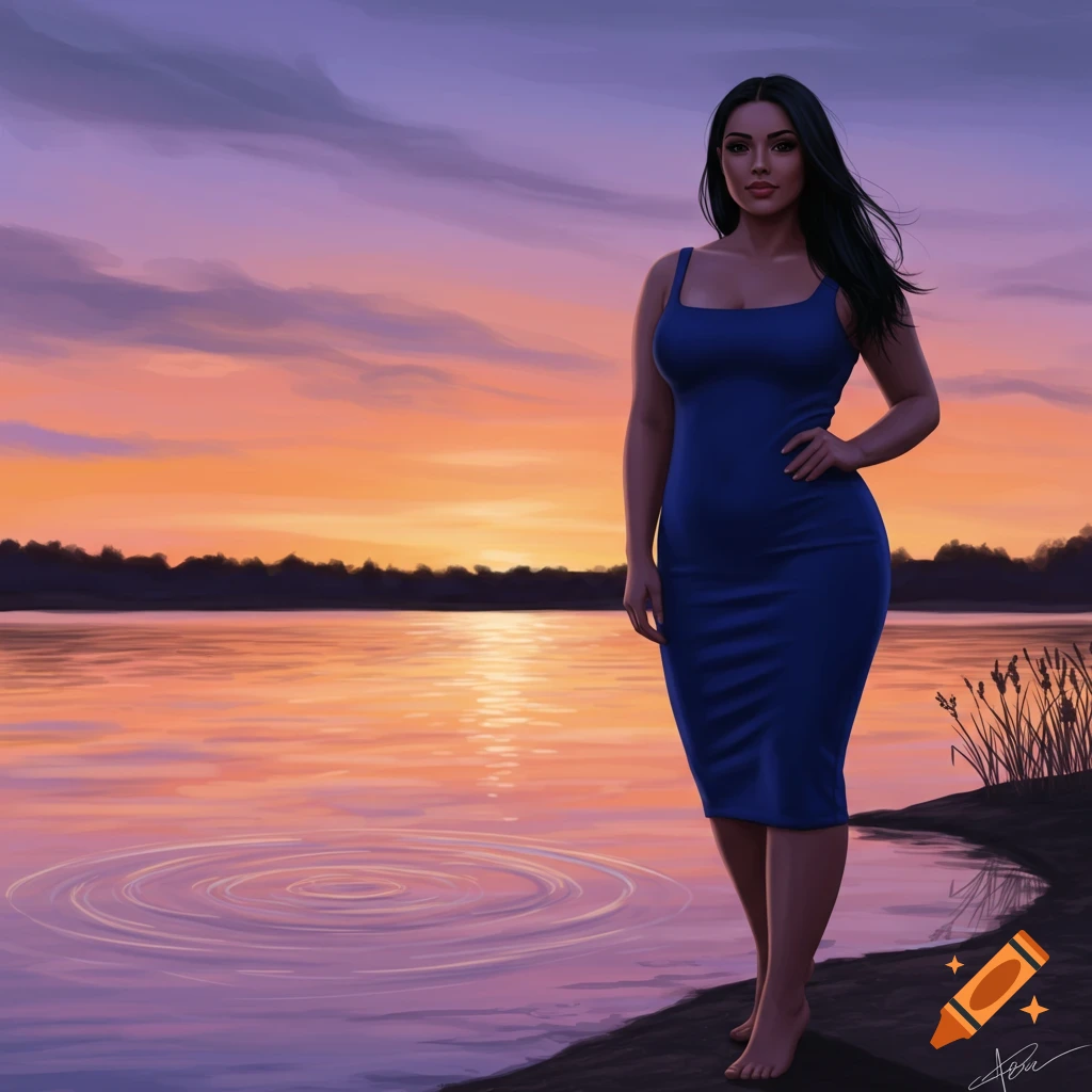 A digital painting of a woman in a blue dress standing by a lake at sunset.