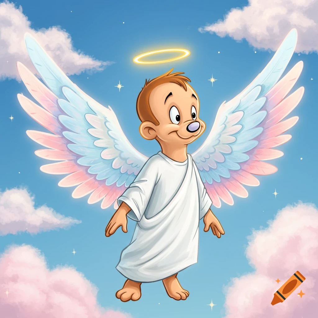 A cartoon angel resembling Elmer Fudd, with large pastel wings and a halo, floats in a blue sky with pink clouds.