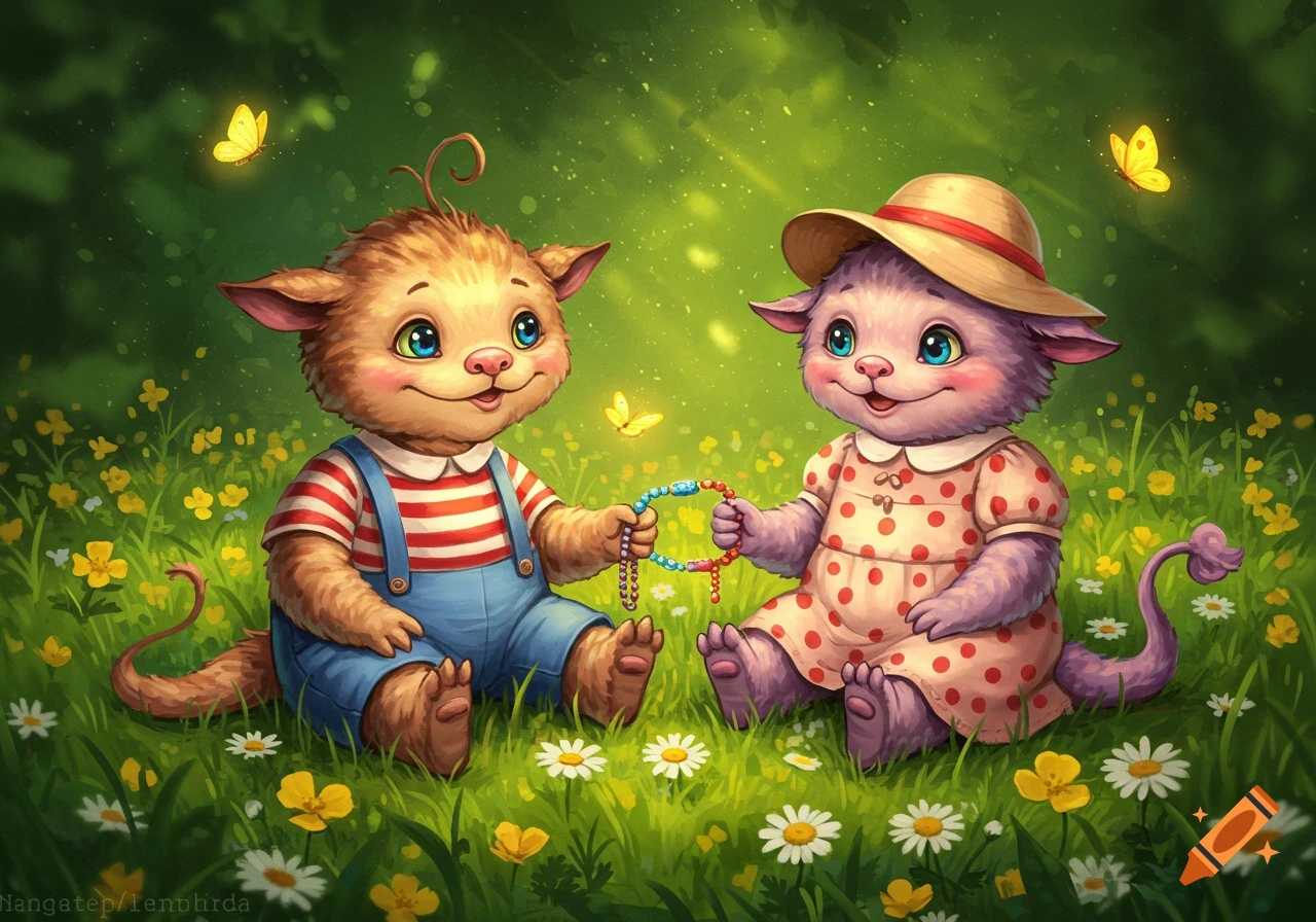 Two cute, furry mythical creatures wearing overalls and a dress sit in a vibrant green field with flowers, holding a beaded bracelet. Illustrated style.