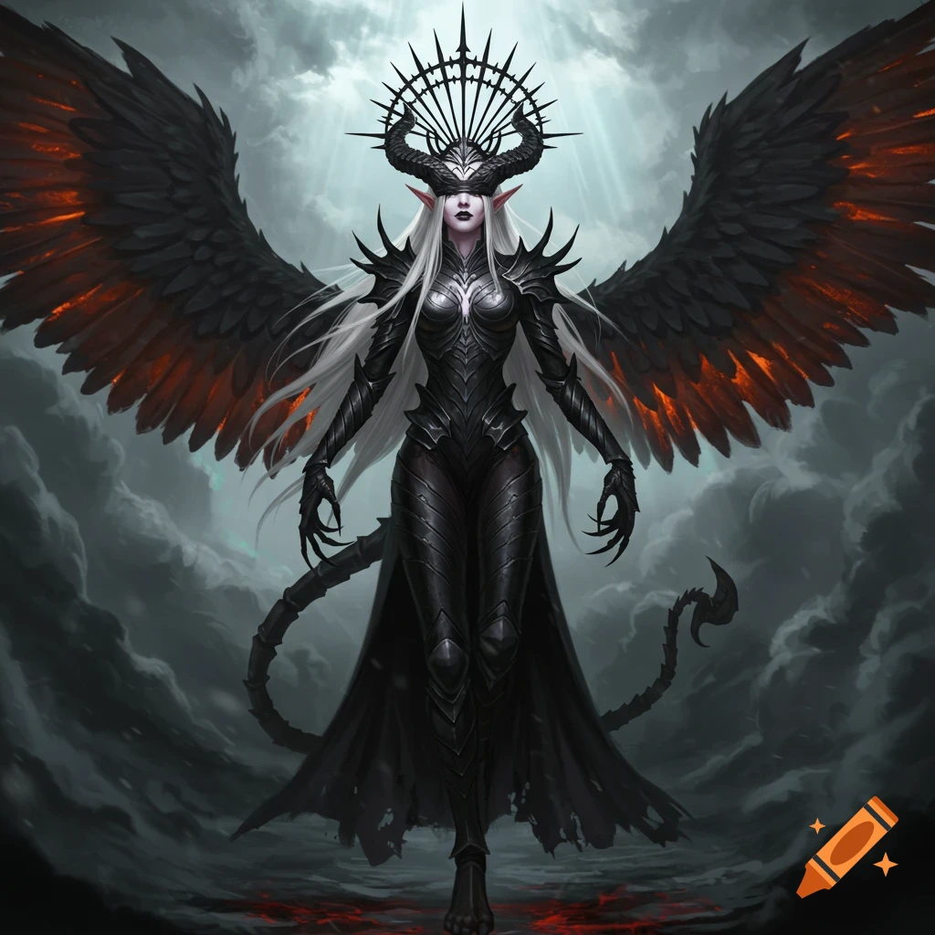 A tall, pale-skinned demonic woman with white hair, horns, a spiky black crown, and black armor, stands with large black and orange feathered wings.