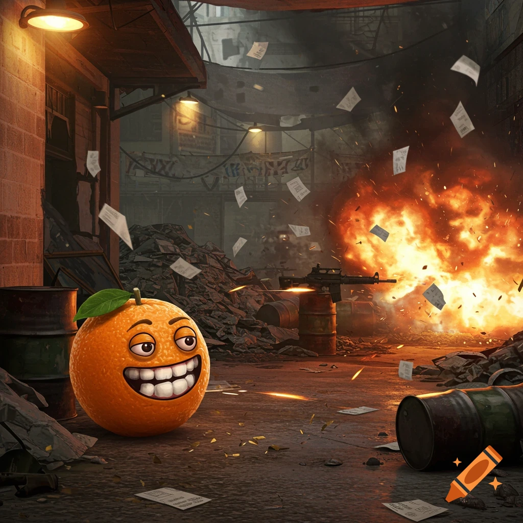 A smiling cartoon orange stands in a debris-filled alley with an explosion, flying papers, and a rifle.