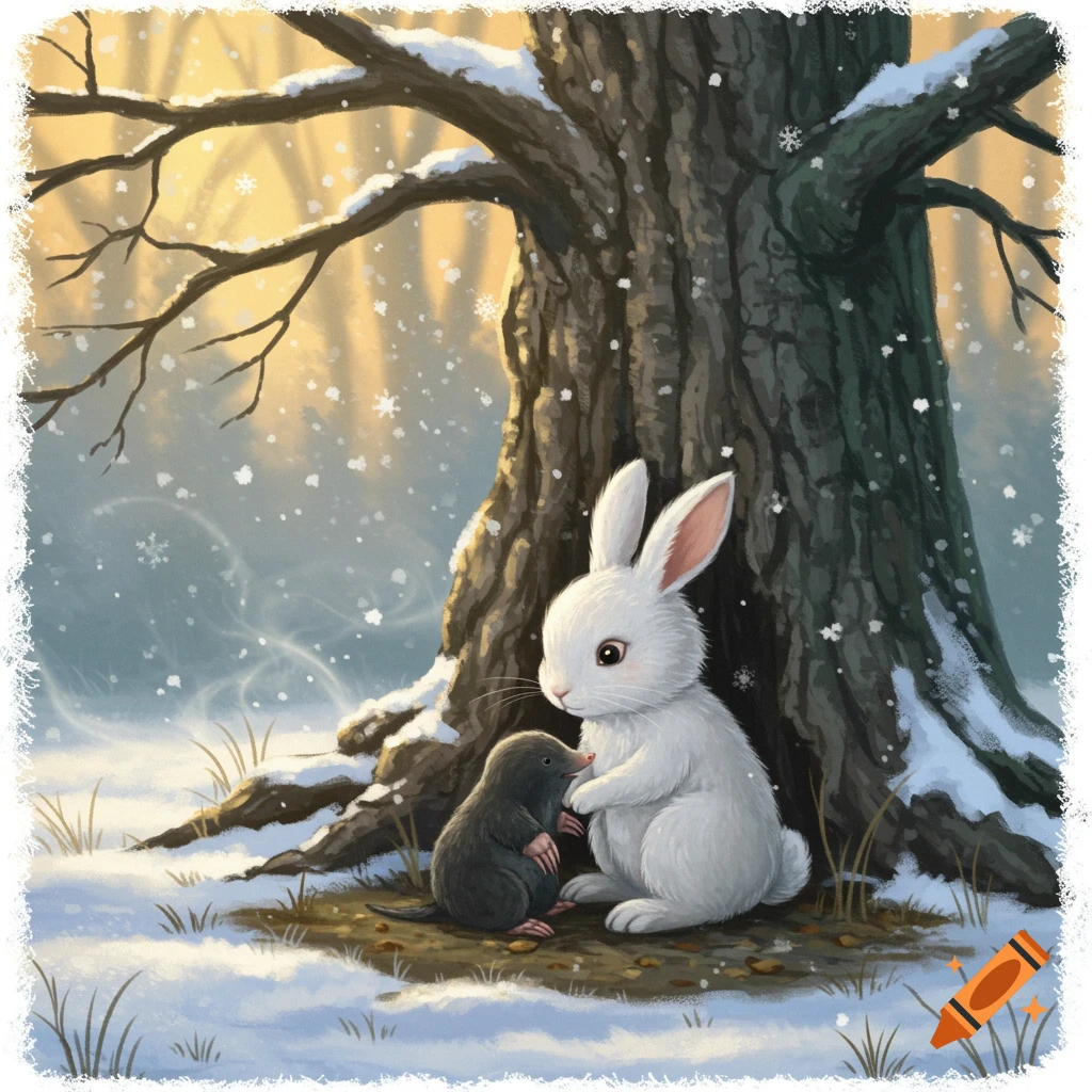 A white rabbit and a dark mole sit under a snow-covered tree in a winter forest, with snowflakes falling.