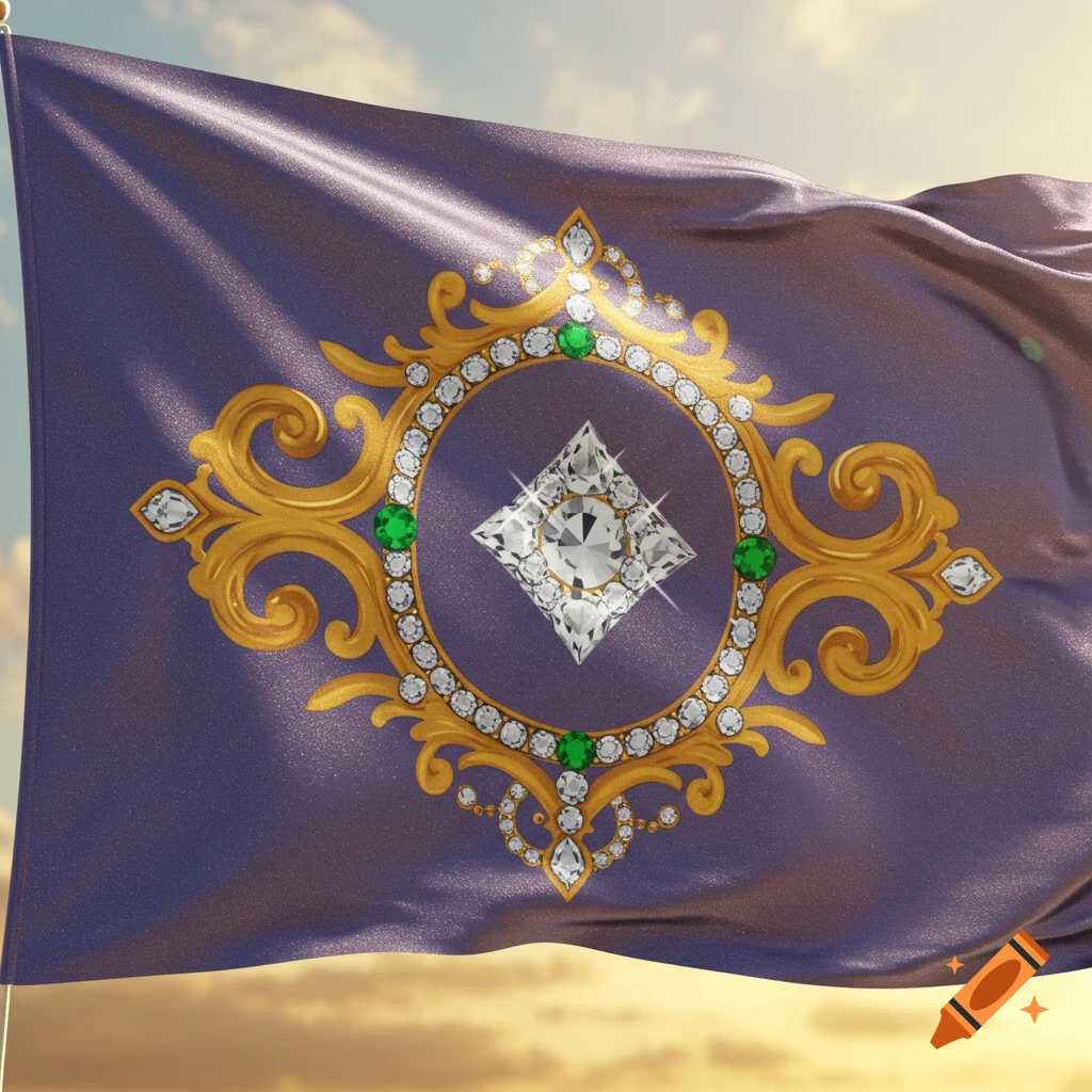 A vibrant purple flag with a sparkling gold crest encrusted with diamonds and green emeralds, waving against a cloudy sky.