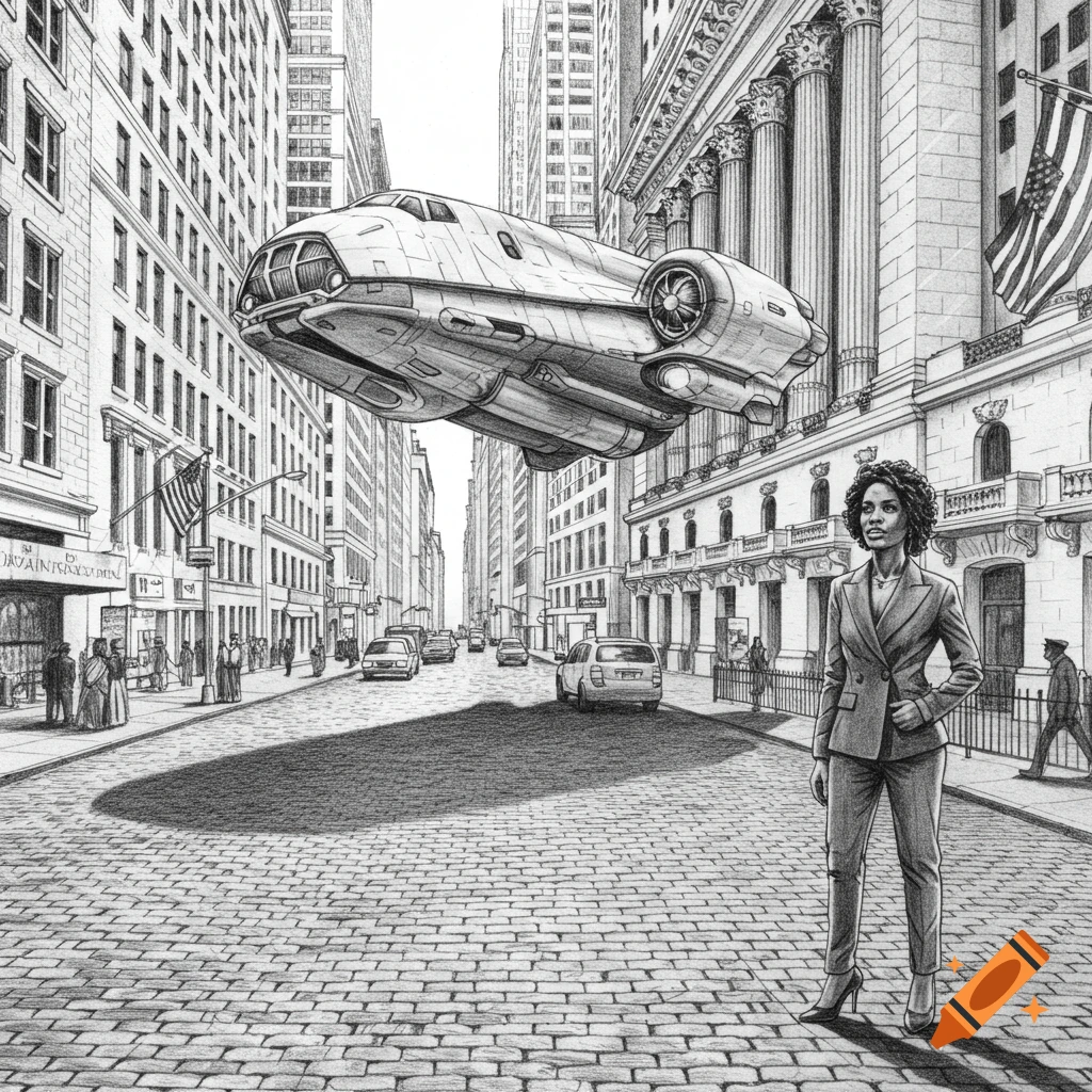 A black and white pencil drawing shows a woman in a suit looking at a large spaceship hovering over a cobblestone street in a bustling city.